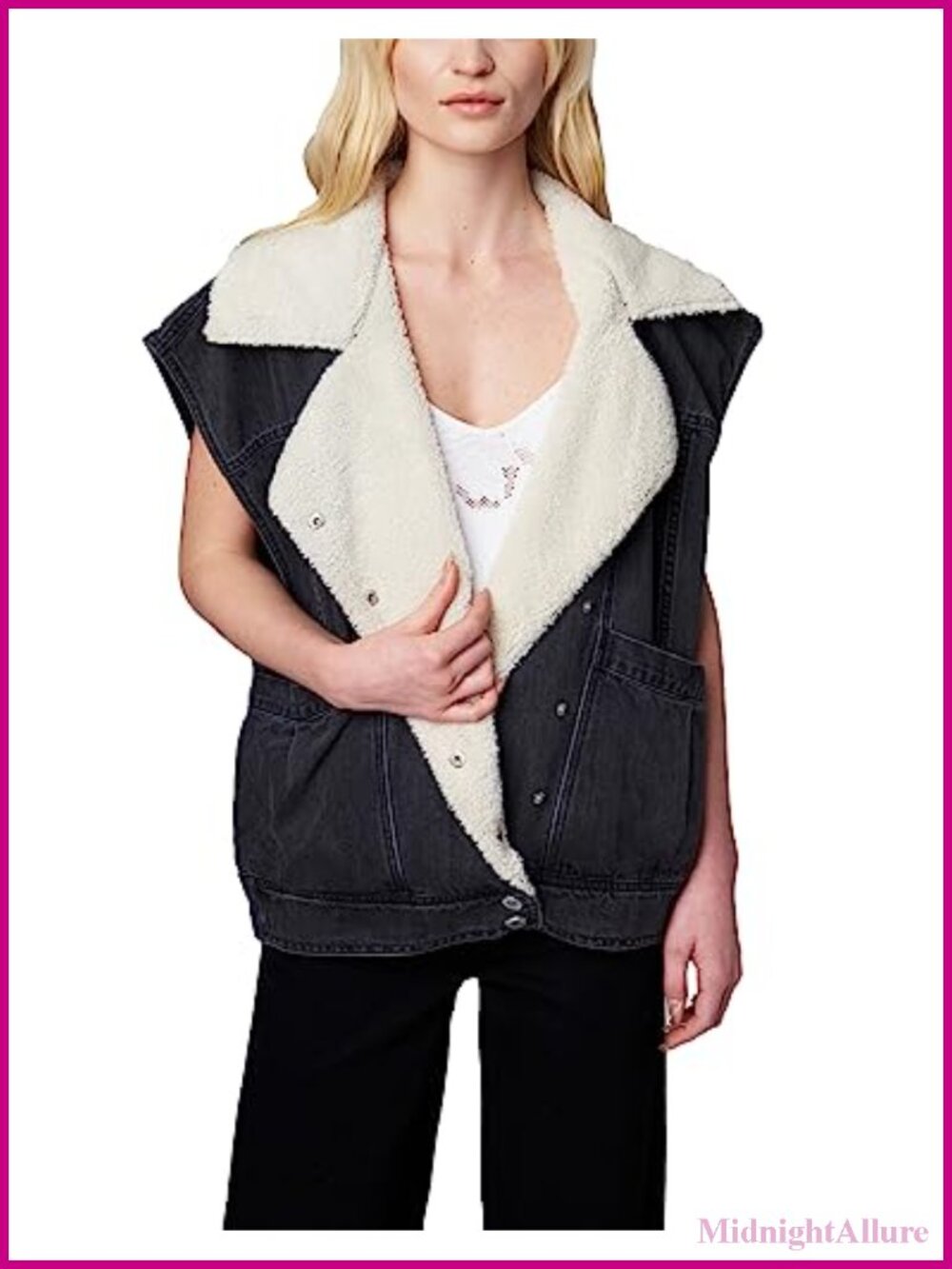 Denim and Sherpa Oversized Vest Classic Fit V-Neck Snap
